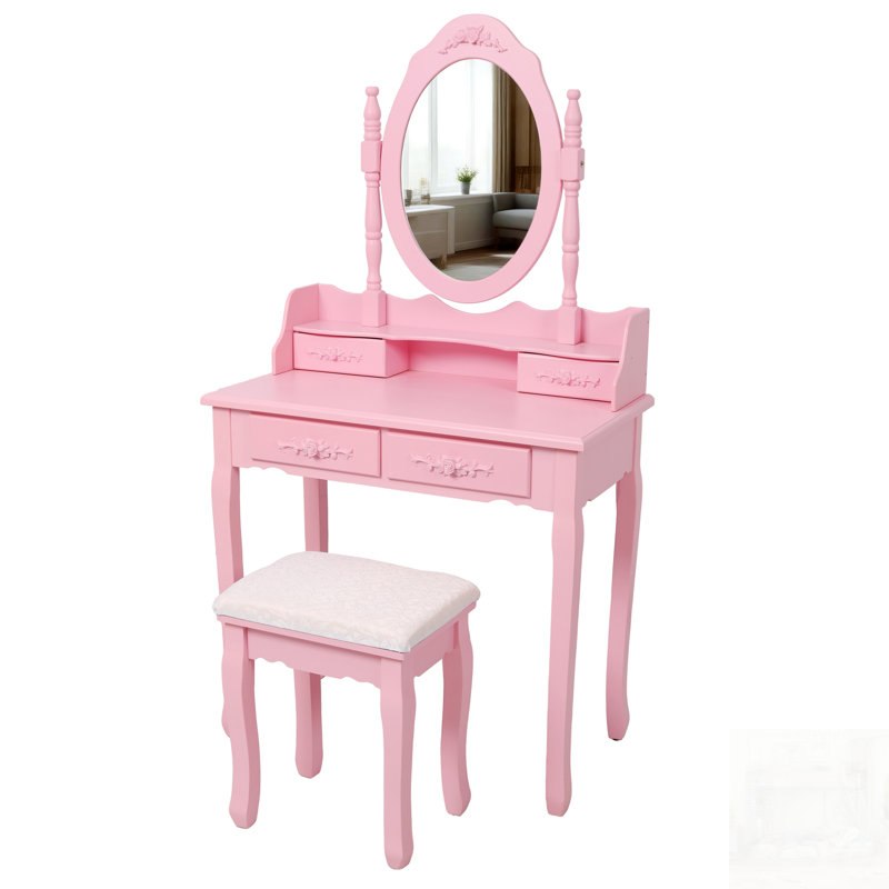 Ensemble de bureau de coiffeuse avec miroir et tabouret rembourré Princess, Rose