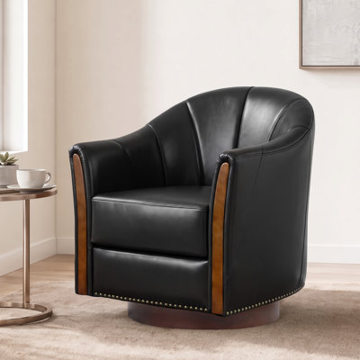 28"W Transitional Vegan Leather Upholstered Swivel Barrel Chair with Solid Wood Base