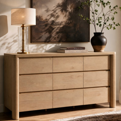 Rondo 63"W Natural Wood 9 Drawers Dresser Modern Dresser Chest For Bedroom Living Room, Natural Oak