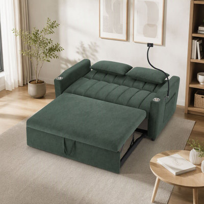 Canapé-lit convertible de 55,9 po avec trois ports USB, deux poches latérales, deux porte-gobelets et un support de téléphone pivotant à 360 ° pour le salon