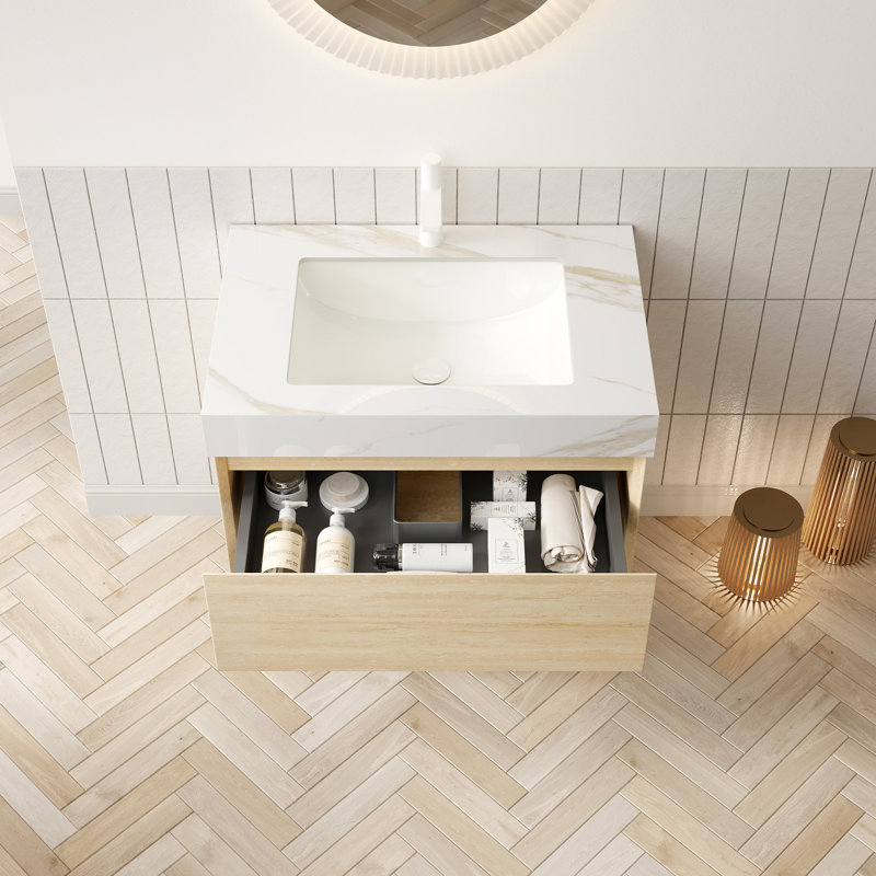 Meuble-lavabo de salle de bain 30 po avec lavabo en céramique incrusté, armoire de rangement en contreplaqué flottant, rangement de tiroir et de tablette, éclairage à DEL à détection automatique, surface en pierre frittée dorée, capteur