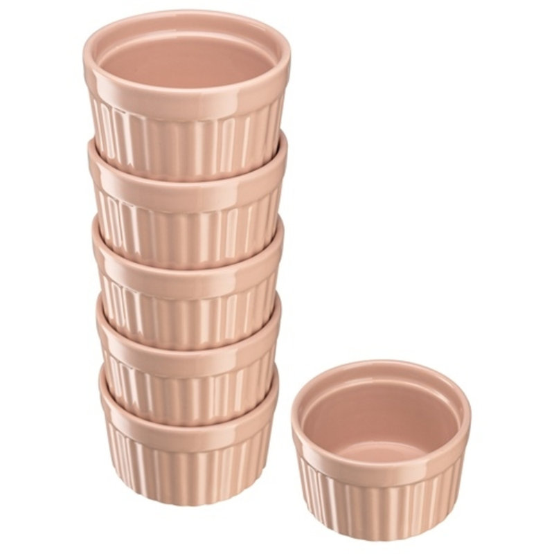 kook Round Ceramic Stainless Steel 6 Piece Ramekin Crème Brulee Dish Bakeware Set, Peaches 'n cream