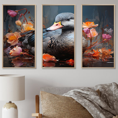Grey Duck Floral Swims II - Duck Animal Wall Art