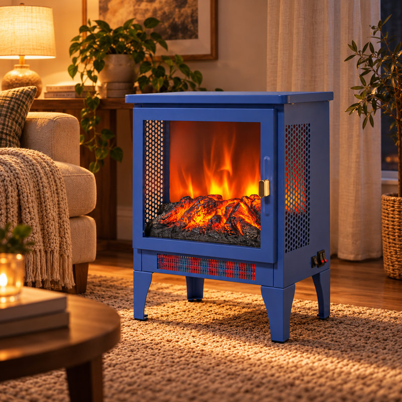 Afore 17-inch Freestanding Electric Fireplace Stove Heater Black Tempered Glass Design For Home Office Décor, Blue
