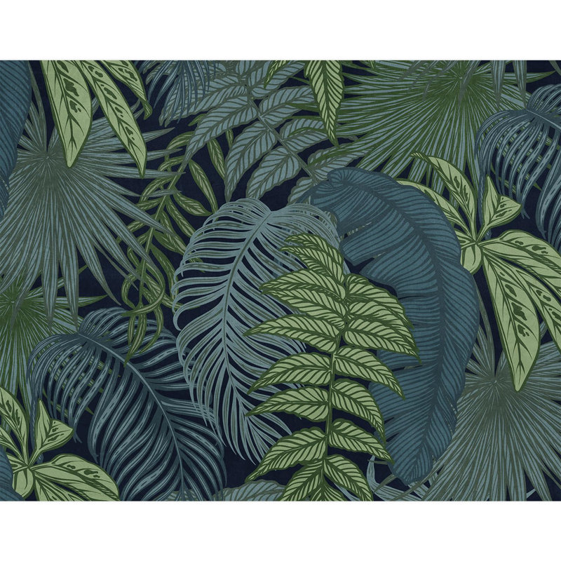 Nuit tropicale audacieuse et exotique avec des feuilles bleu sarcelle, L 132 po x l 168 po