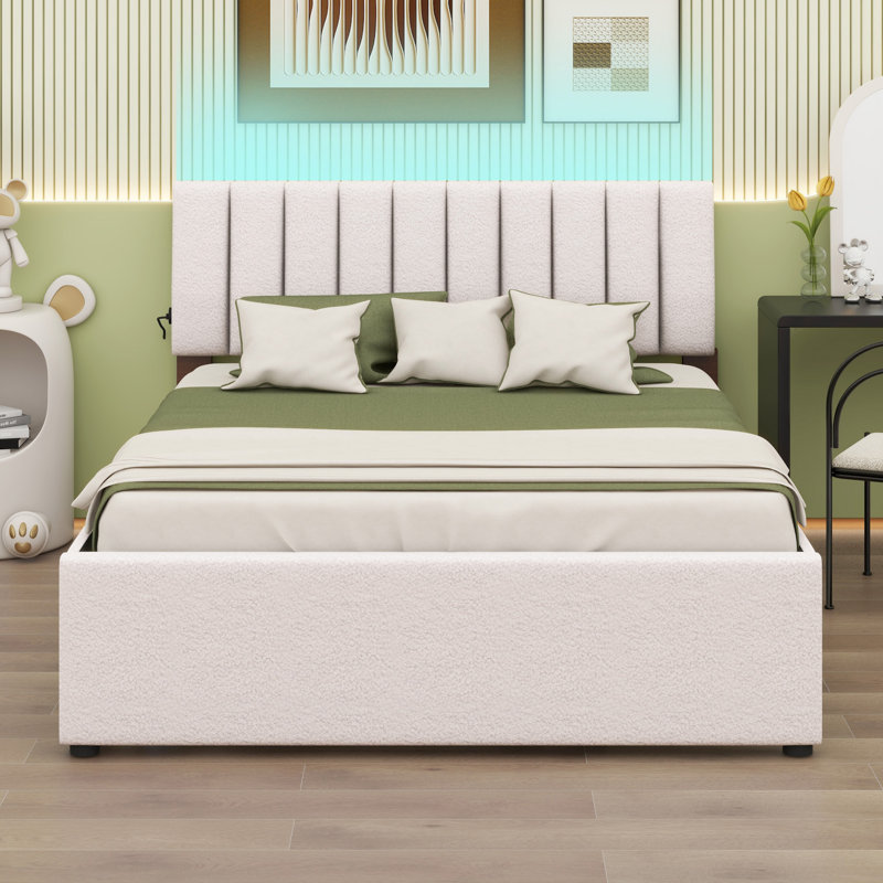 Lit plateforme tapissier avec lit gigogne, Beige