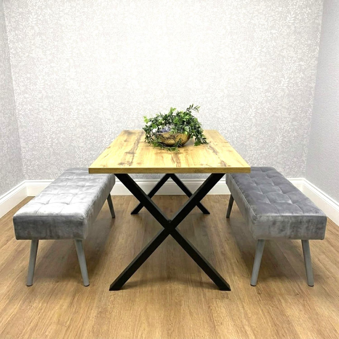 Wooden Brown Dining Table with 2 Velvet Padded Benches, Stylish Dining Room Furniture