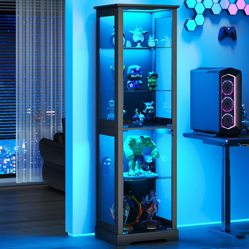 Glass Display Cabinet, 5-tier Display Cabinet With Lock, Bookcasewith 3 Color Led Lights, Black