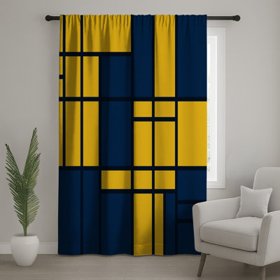 Yellow Blue Grid Window Curtains, Geometric Sheer & Blockout Curtains - 1 Panel