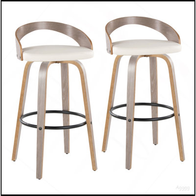 Tabouret de bar avec pivot en bois gris clair et similicuir blanc avec repose-pieds rond en métal noir - ensemble de 2