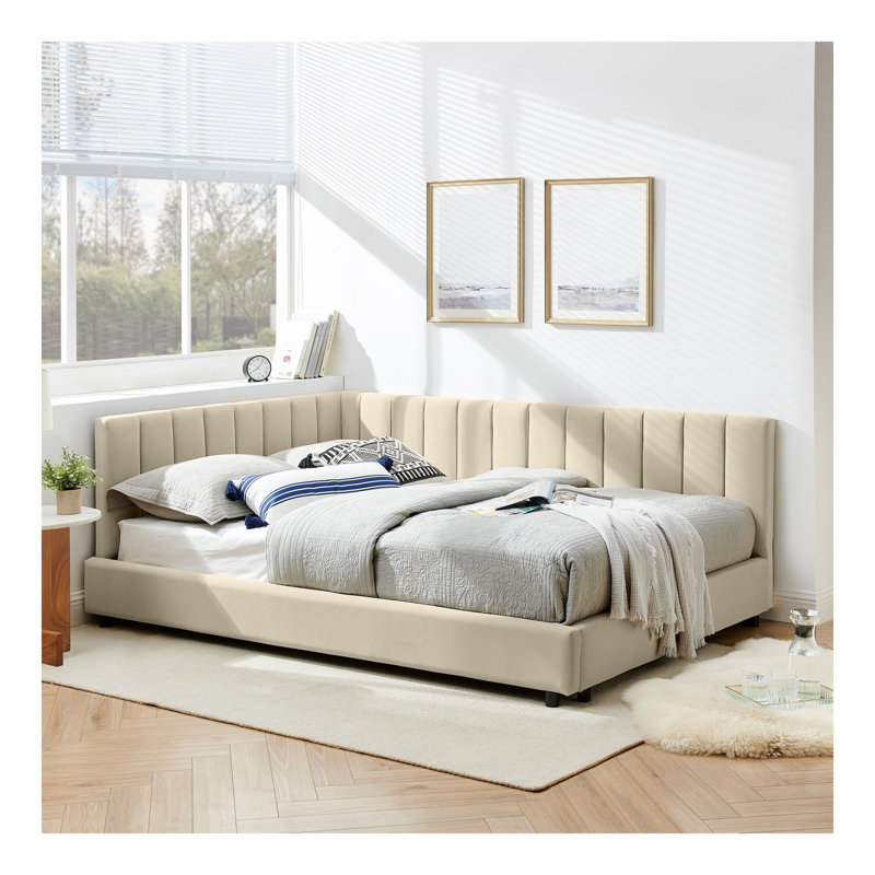 Structure de lit double rembourrée capitonnée, structure de canapé-lit avec dossier et accoudoirs confortables, lit double pour chambre à coucher, salon, velours beige