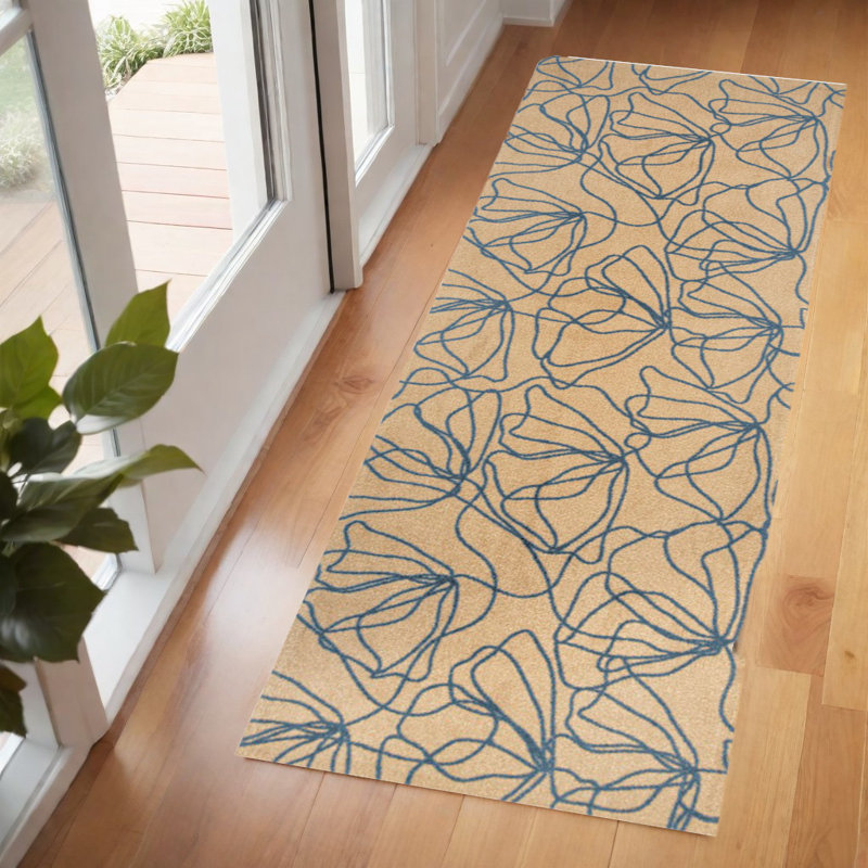 Tapis de couloir lavable floral 6 pi beige et bleu avec protection UV
