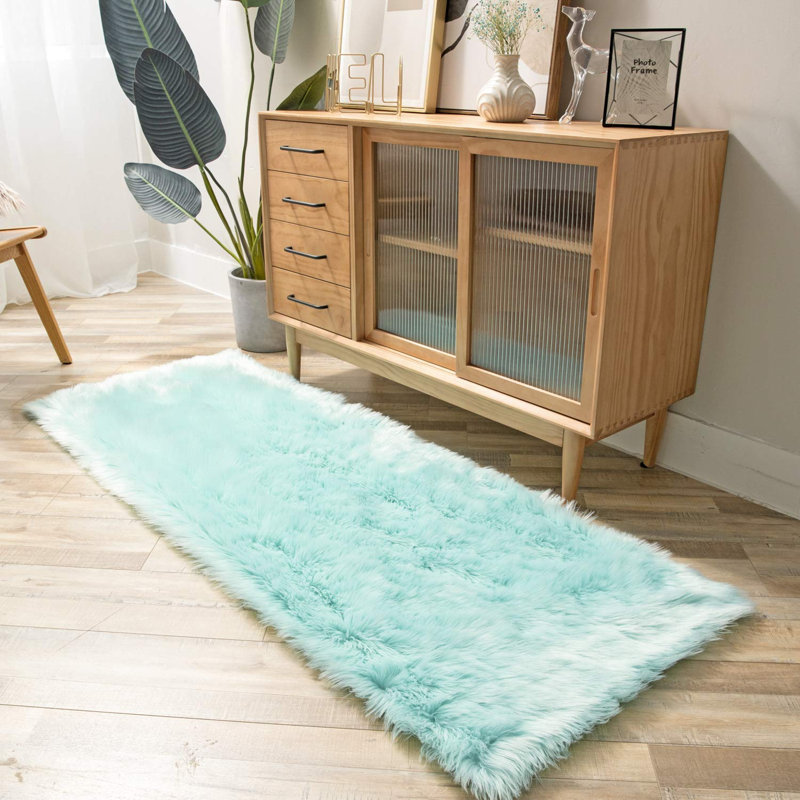 Tapis à poils longs Haja Turquoise, Tapis de couloir 2 pi x 5 pi
