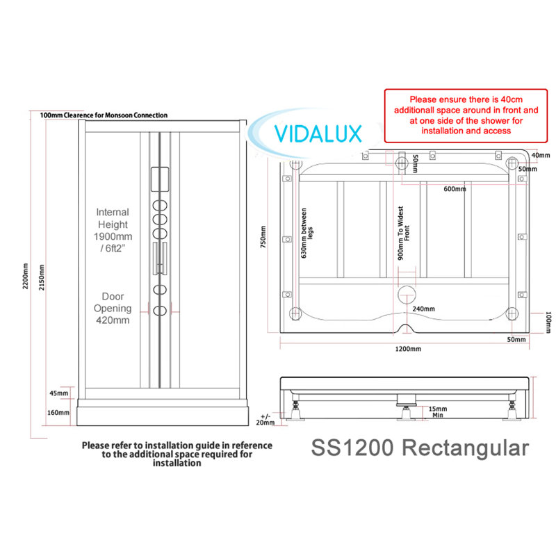 Vidalux SS1200 Rectangular Steam Shower Cabin 1200 x 850, Mirror