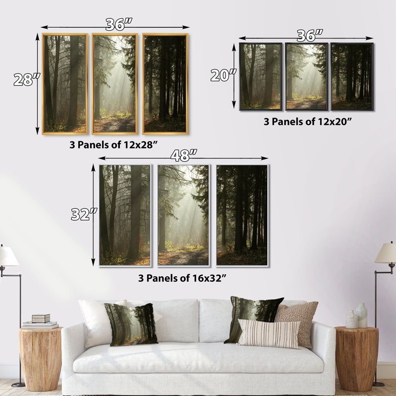 Forêt vert foncé avec rayons de soleil - ensemble d'art mural sur toile encadré paysage, Cadre doré