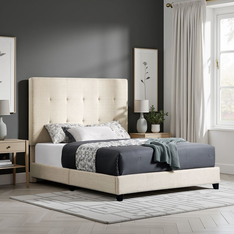 Artrina Upholstered Tufted Platform Bed, Queen, Beige