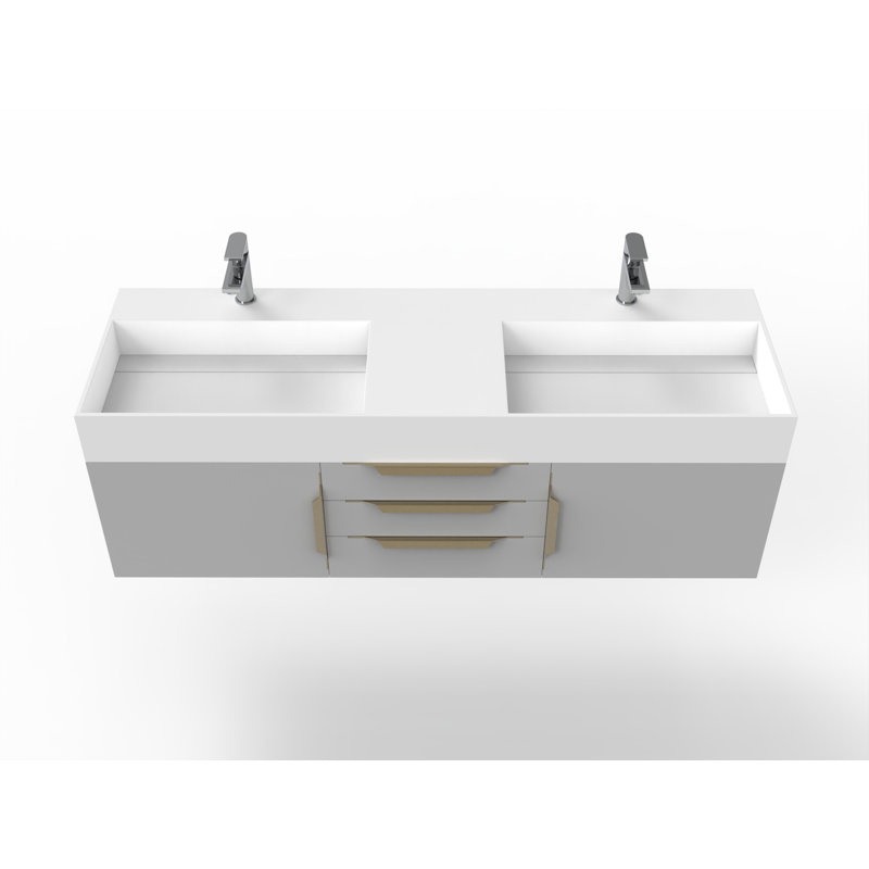 Ensemble de meuble-lavabo double mural 60 po Russett, Blanc, gris, Or