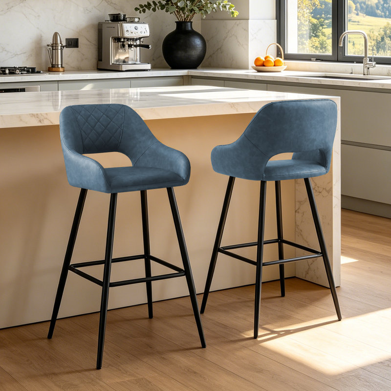 Faux Leather Upholstered Bar Stools with Armrests, Blue Grey
