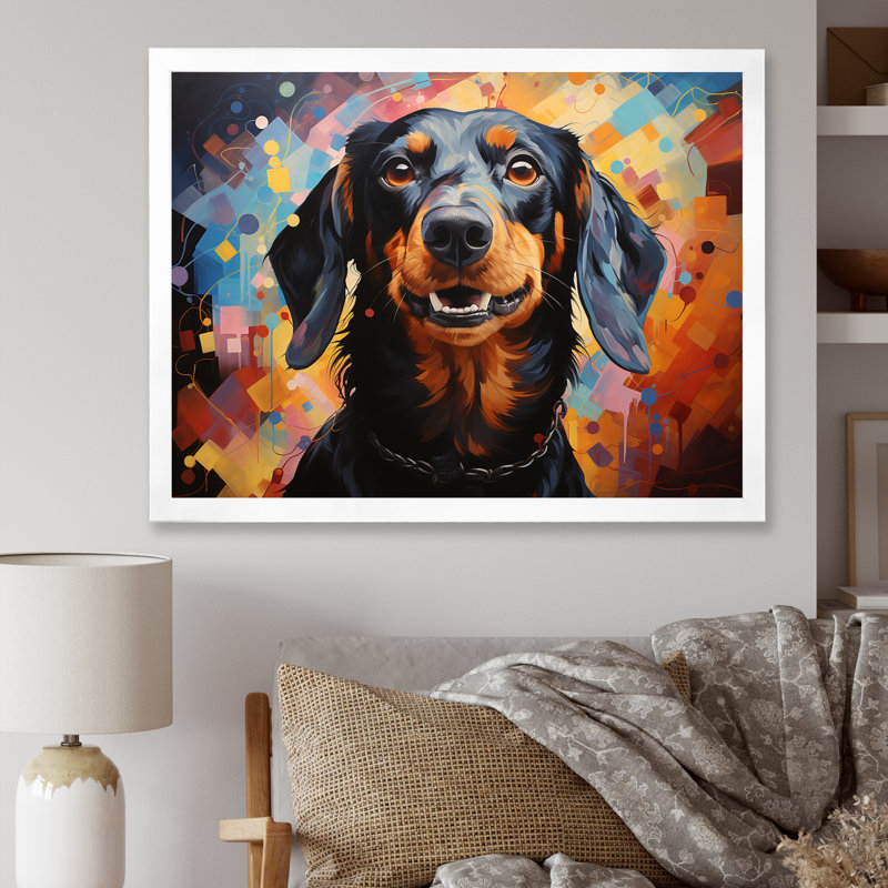 Dachshund Delight V sur toile, Cadre de coin blanc fermé, H 12 po x l 20 po x P 1 po