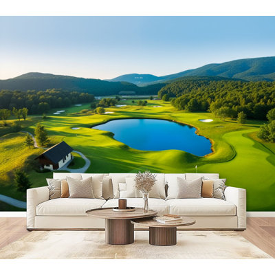 Papier peint adhésif pelez et collez, parcours de golf vert, allées vertes, forêt, forêt, collines, lever de soleil, peintures murales, H 69 po x l 96 po, amovible, papier peint en PVC, peintures murales auto-adhésives, décoration pour le salon de la chambre à coucher