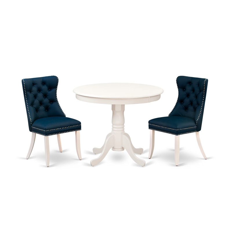 3 Piece Dining Room Set Consists of a Round Kitchen Table with Pedestal and 2 Padded Chairs, linen white, Navy/White