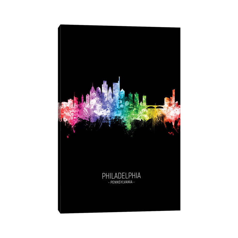Philadelphia Skyline Portrait Rainbow Black by Michael Tompsett - Wrapped Canvas Print, 20.32 cm H x 30.48 cm W