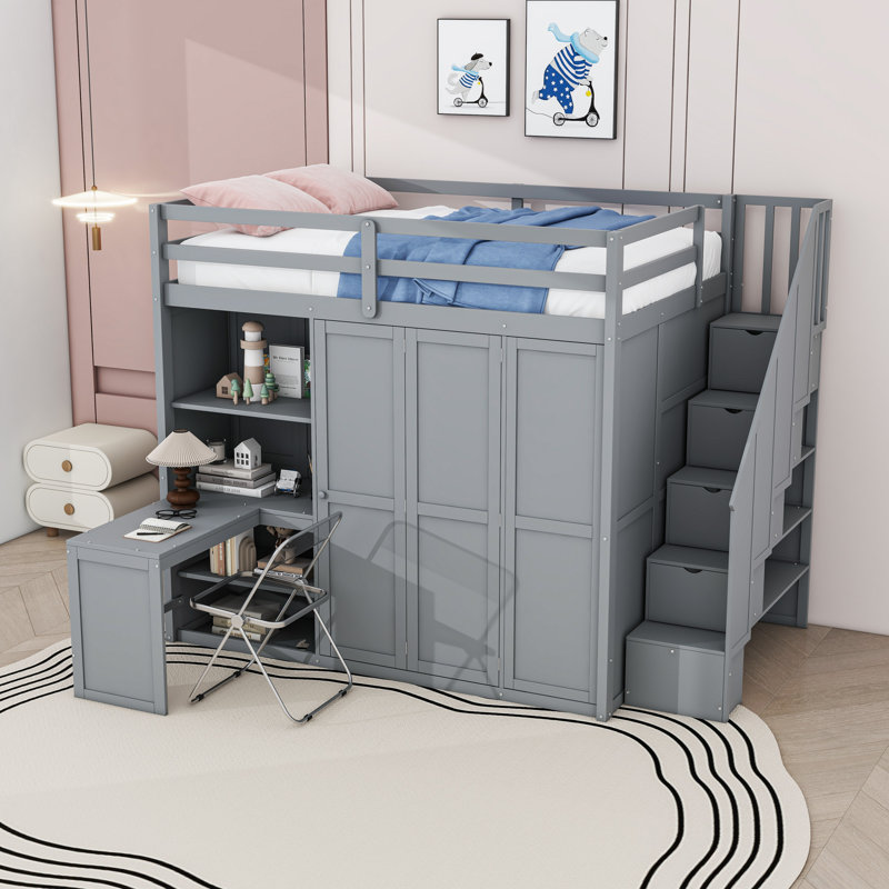 Lit mezzanine double en bois avec espace de travail intégré et garde-robe, Gris