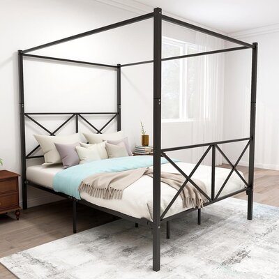 83.07""L Metal Canopy Platform Bed Frame,Queen With X Shaped Frame,Black -  Gracie Oaks, CE1E38A4828F4C2CBEA3B900F201BC8F