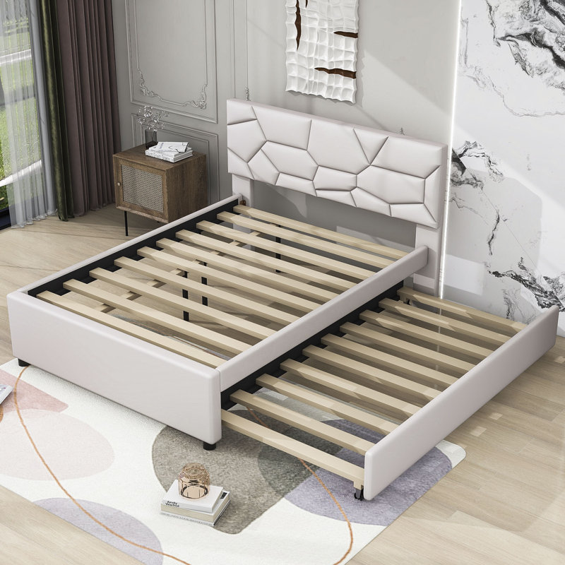 Lit plateforme tapissier avec couchette Elerte, Double, Beige