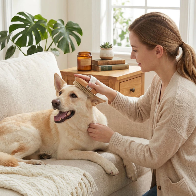 Brosse à poils de sanglier doux pour les chiens et les chats à poils courts, réduit la perte de poils, conception ergonomique, facile à tenir, réduit le stress du poignet, idéal pour le toilettage quotidien