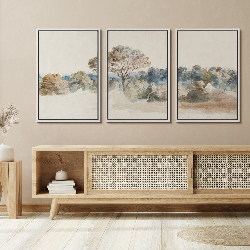 Watercolor Green Countryside Forest Trees Landscape Rustic Wall Art Framed 3 Pieces Canvas Print, Blanc