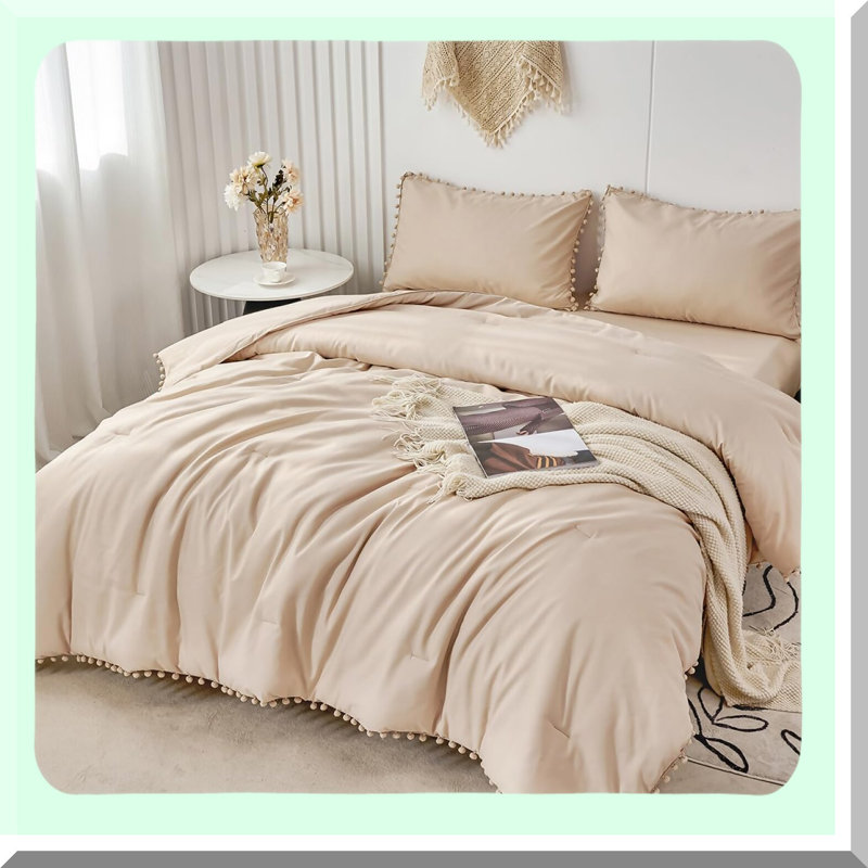 Boho Chic Pom Pom Fringe Comforter Set - Soft Queen Size Bedding with Sheets & Solid Bed in a Bag for Adults - Khaki Comforter Set