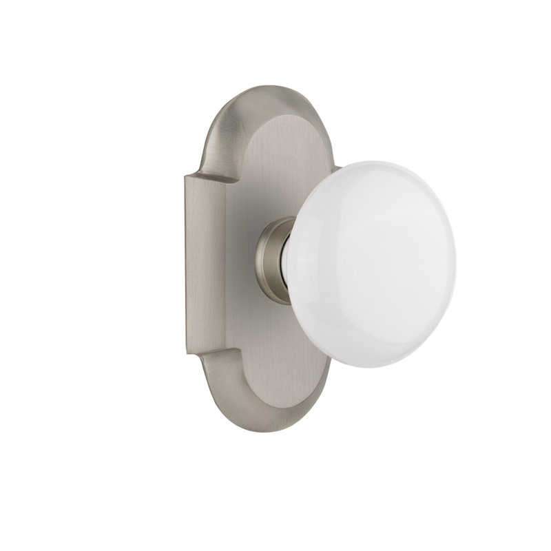 Cottage Plate with White Porcelain Door Knob, Satin Nickel, 2-3/4”
