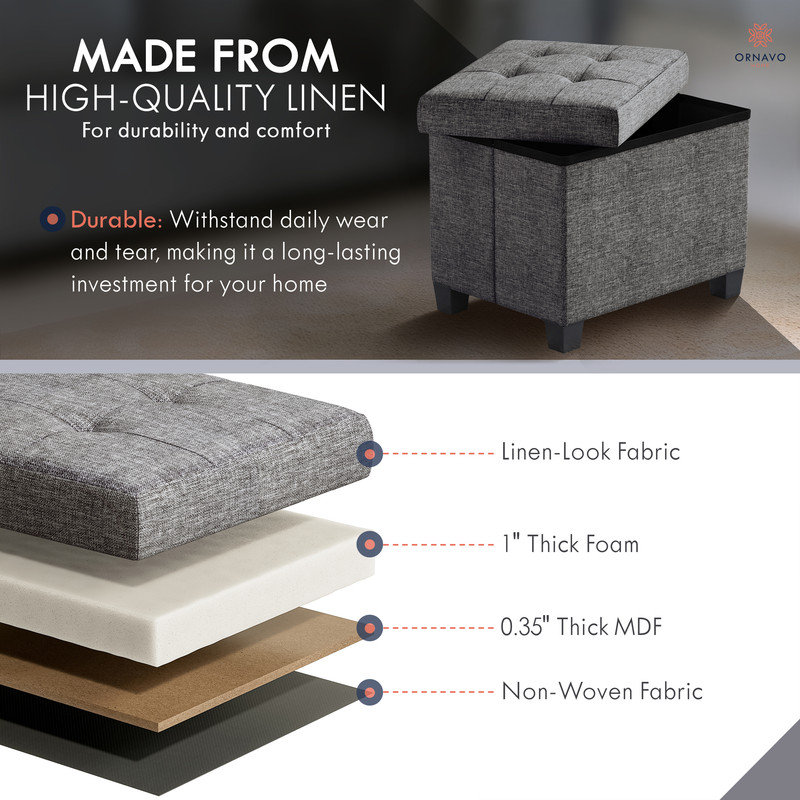Collapsible Rectangle Small Storage Ottoman with Legs - 12" x 16" x 12", Dark Gray