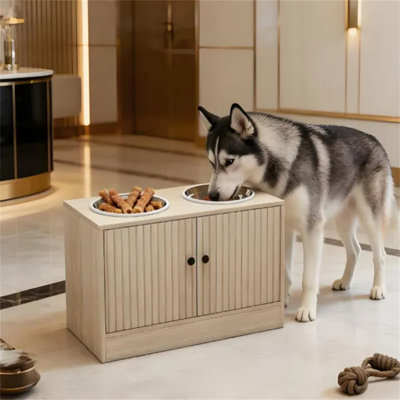 Gamelle surélevée en chêne pour chien avec meuble de rangement dissimulé