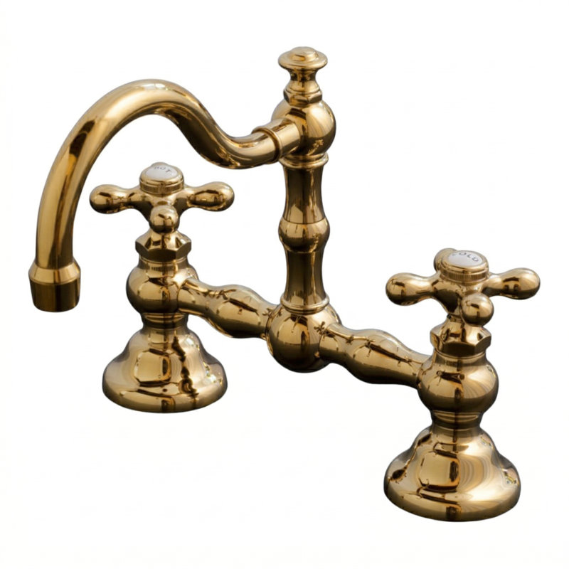 Deck Mounted Bathroom Faucet with Drain Assembly, Unlacquered Polished Brass