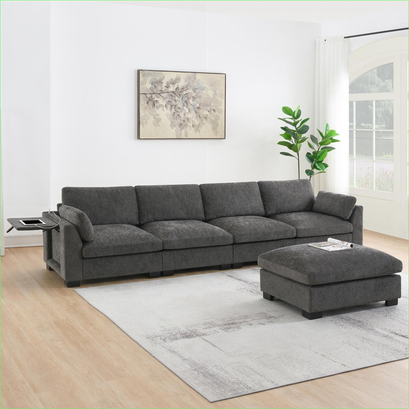 Canapés modulaires en L de 130 po à 5 places pour le salon, avec table de recharge, table pliante et repose-pieds mobile | Chenille | Gris anthracite