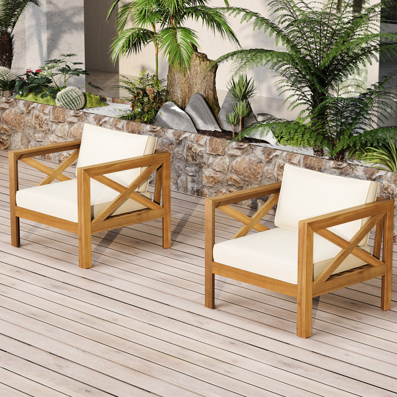 Wood Club Armchair, Of 2, Waterproof Fabric, Finish, Elegant Outdoor Furniture Look, Beige