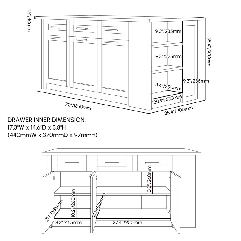 Îlots de cuisine 72 po avec rangement de style moderne 72 po, Bois d'ingénierie, Bleu