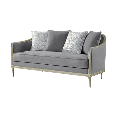 Canapé deux places de 181 cm de large avec 4 coussins, en chenille grise et champagne