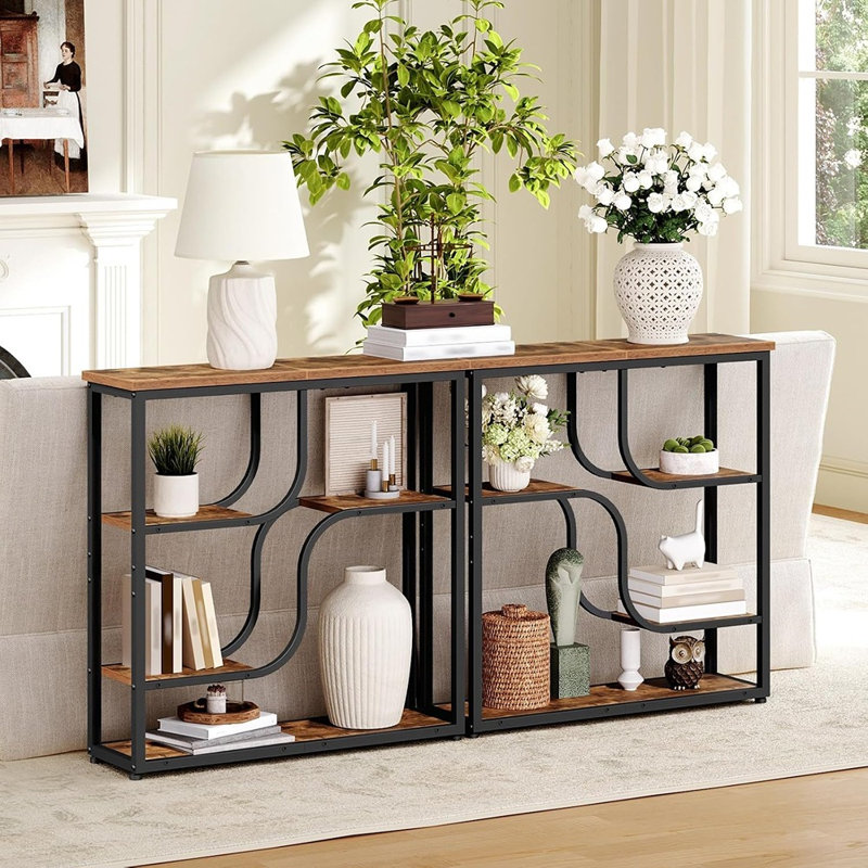 Console rustique à 5 niveaux avec étagères de rangement, table d'entrée étroite avec structure en métal noir, idéale pour le corridor, le salon et le hall d'entrée.