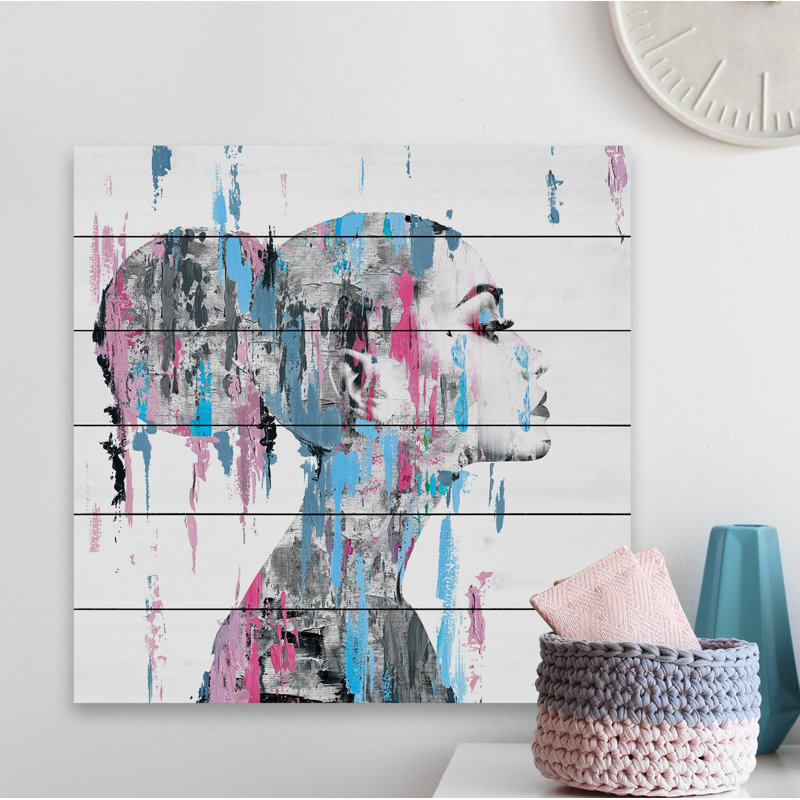 Reproduction d’art sur bois blanc « face de la tête rose bleue », H 24 po x l 24 po x P 1,5 po