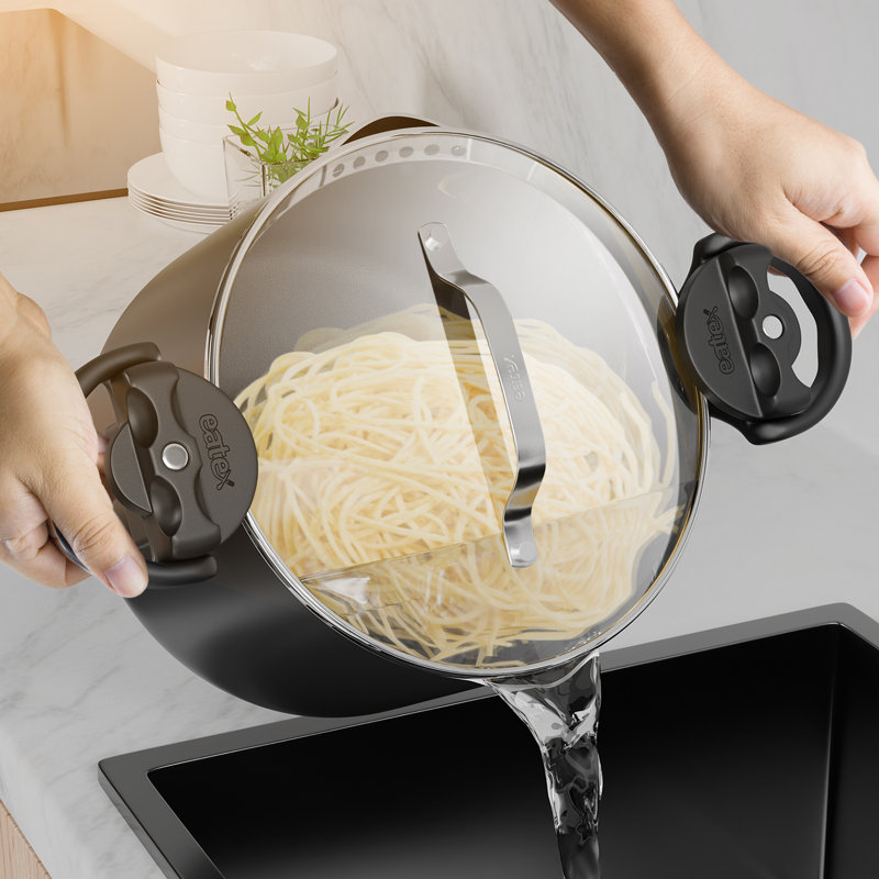 Multipurpose Stock Pasta Pot with Strainer Lid and Twist & Lock Handles, Black