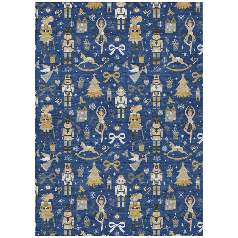 Nutcracker Navy 3' x 5' Synthetic Washable Rug