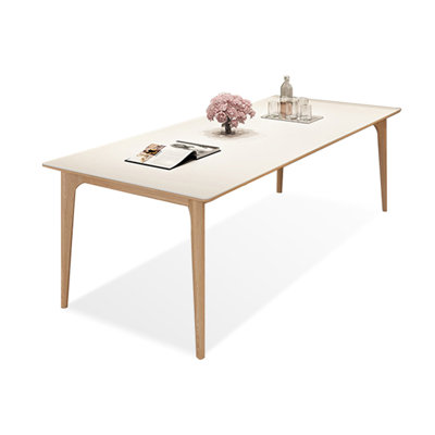 White + Burlywood Rectangular Sintered Stone + Solid Wood Dining Table