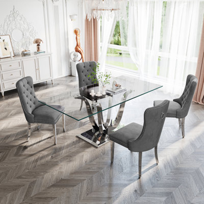 70.08" Rectangular Glass Dining Table With Modern Curved Stainless Steel Base And Velvet Upholstered Nailhead Chairs