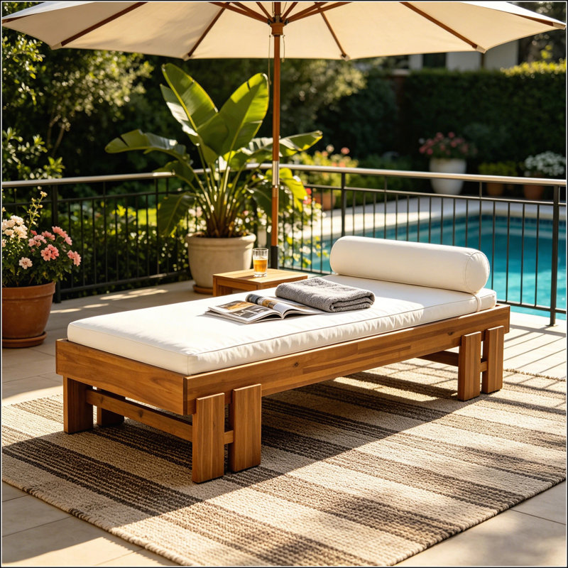 Lit de jour en bois d'acacia au fini teck avec coussin et coussin crème, housse de coussin lavable, conception moderne à profil bas pour le salon de patio
