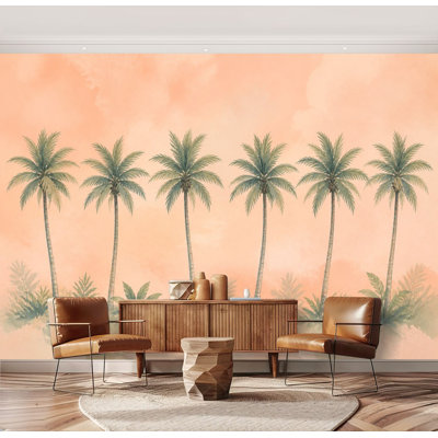 Papier peint mural autocollant repositionnable, motif palmiers tropicaux aquarelle, couleurs pêche et orange, grand format, pour salon, chambre d'enfant (175 cm H x 244 cm L).