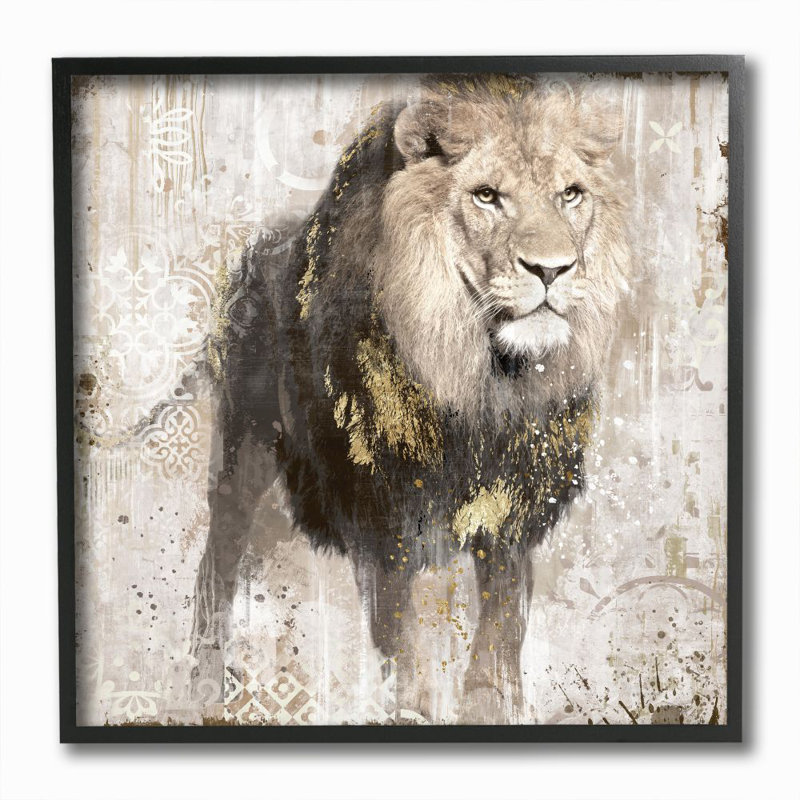 «Lion Gold Neutral Animal», impression, H 12 po x l 12 po x P 1,5 po, Giclée encadrée noir minuit
