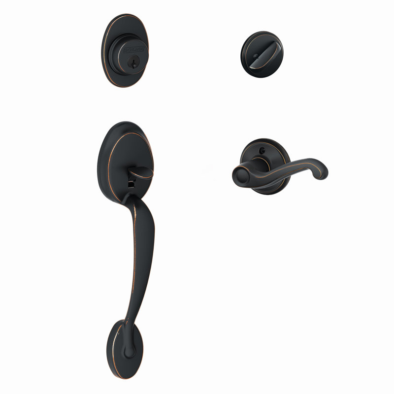 Plymouth Handleset with Deadbolt and Flair Door Lever and Rosette, Right Hand, Aged Bronze